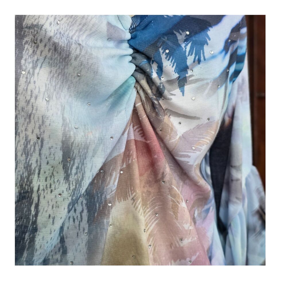 Impulse California Artwear Tunic | Abstract Blue Boho Rhinestone Ruffle Sleeve M - Picture 4 of 8